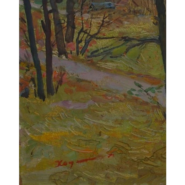 1970s Antique Impressionism Autumn Landscape Oil Painting on Cardboard 62-50 For Sale - Image 5 of 6