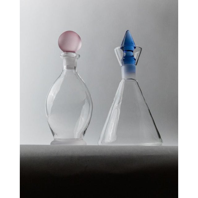 Blue Vintage Clear Glass Decanters with Pink and Blue Stoppers, 1980s, Set of 2 For Sale - Image 8 of 11