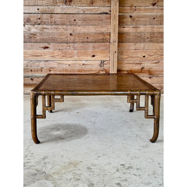John Wisner Mid-Century Organic Modern Rattan Fretwork Coffee Table With Mosaic Wood Inlay Top Manner of John Wisner For Sale - Image 4 of 12
