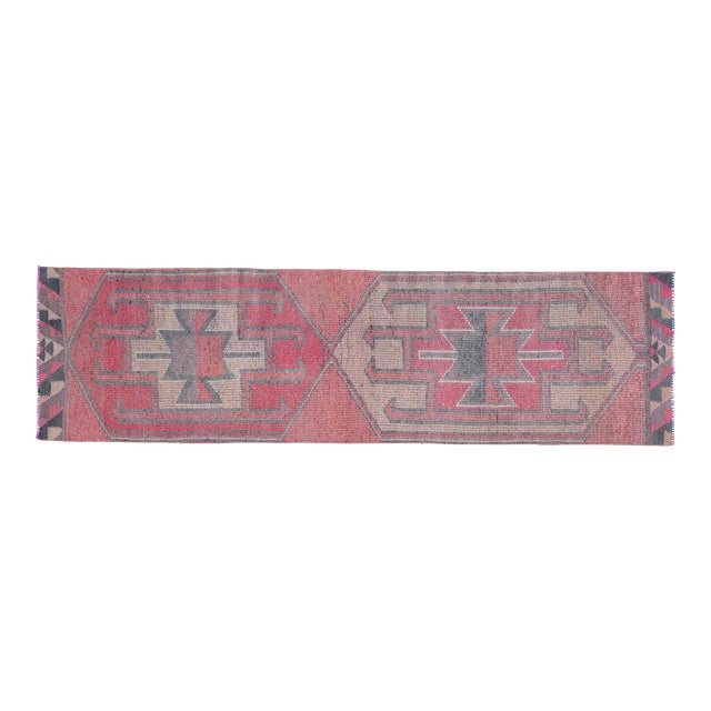 1970s Vintage Turkish Handmade Wool & Cotton Pink Runner Rug For Sale