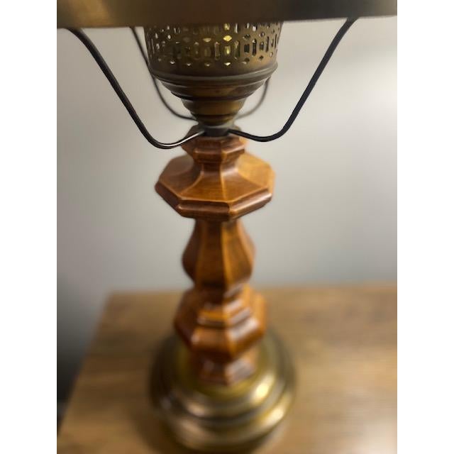 1970s Vintage Pair of Colonial Style Walnut & Brass Table Lamps With Milk Glass Shades For Sale - Image 5 of 8