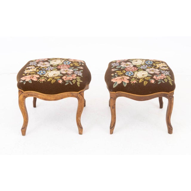 Victorian Victorian Floral Needlepoint Walnut Footstools, 2 For Sale - Image 3 of 6