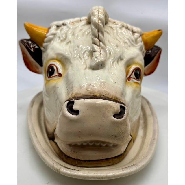 Staffordshire Antique Staffordshire Majolica Cow Head Dish, Victorian English Novelty Server For Sale - Image 4 of 12