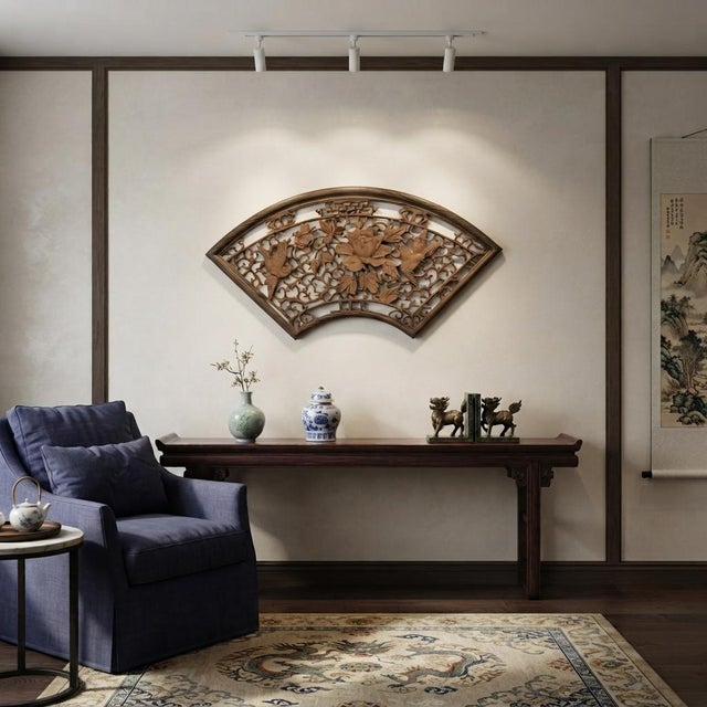 Wood Chinese Fan Shape Birds Flowers Wood Wall Hanging Panel For Sale - Image 7 of 7