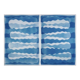 2026, Blue Monochrome Large Diptych of Abstract Shaky Shapes, Memphis Style Monotype Cyanotype on Watercolor Paper by Kind of Cyan For Sale