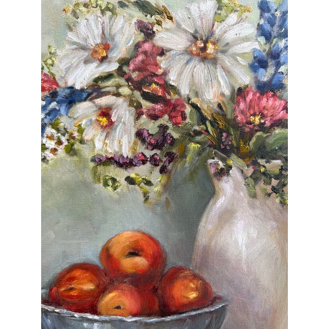 “Texas Table” Bluebonnets, Daisies and Peaches Still Life, Oil Painting, 12x16 Unframed. Hand painted by Artist Kristin...