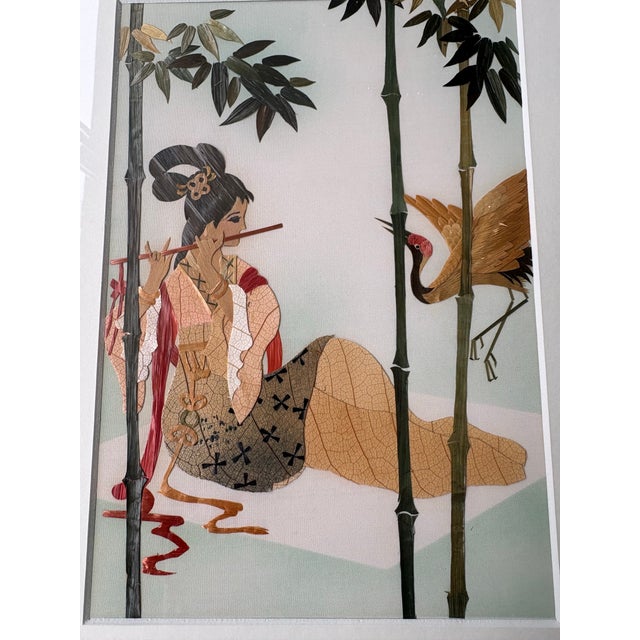 Vintage Asian Leaf Art Collage of Woman Playing Flute With Crane, Bamboo Scene For Sale - Image 4 of 6