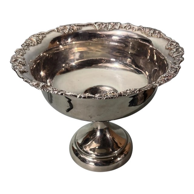 Vintage Silverplate Compote Serving Dish Bowl Embossed Grape & Vine Border For Sale