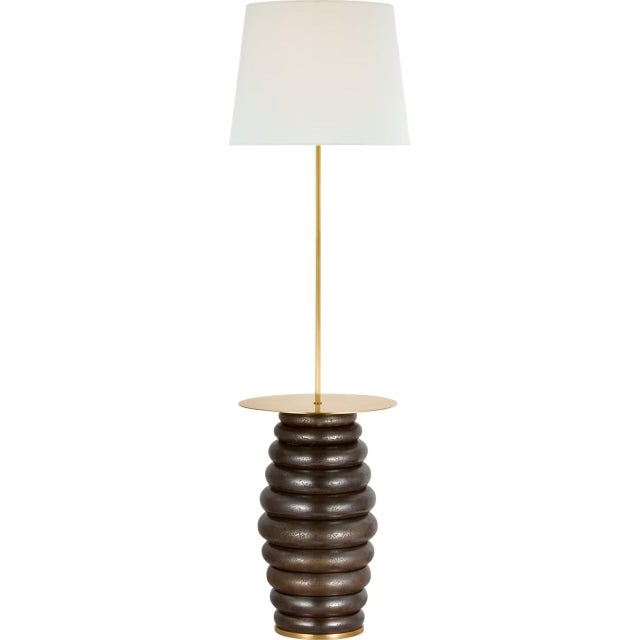 Transitional Kelly Wearstler by Visual Comfort Signature Phoebe Extra Large Tray Table Floor Lamp in Crystal Bronze with Linen Shade For Sale - Image 3 of 3