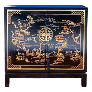 Drexel Heritage Vintage “Et Cetera" Chinoiserie Black Lacquer Accent Cabinet For Sale