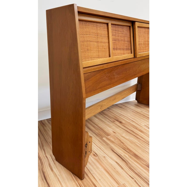 Wood Vintage MCM Full Bed Headboard With Sliding Cubby Doors For Sale - Image 7 of 8