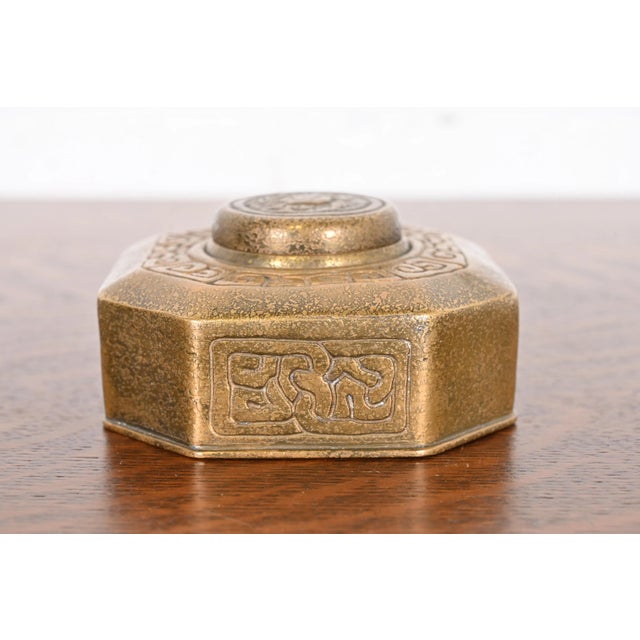 Art Deco Tiffany Studios New York Zodiac Bronze Doré Inkwell For Sale - Image 3 of 12