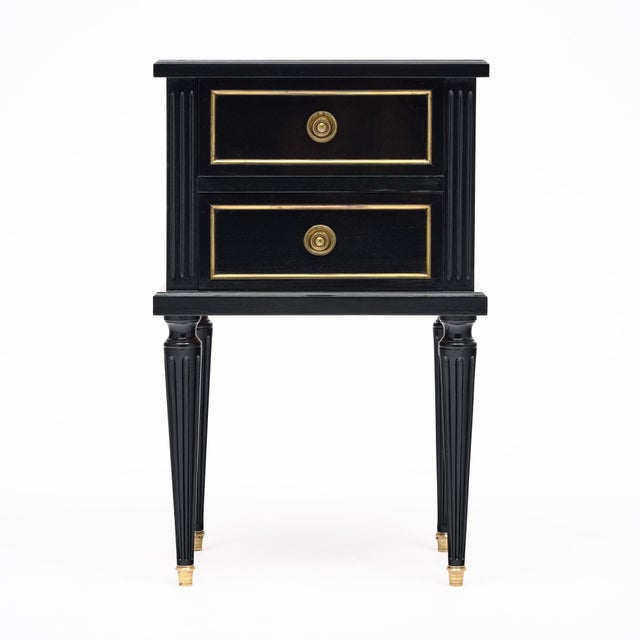 1970s Pair of French Louis XVI Style Ebonized and Brass Two-Drawer Side Tables For Sale - Image 5 of 9