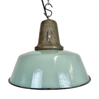 Industrial Petrol Enamel Factory Lamp with Cast Iron Top, 1960s For Sale