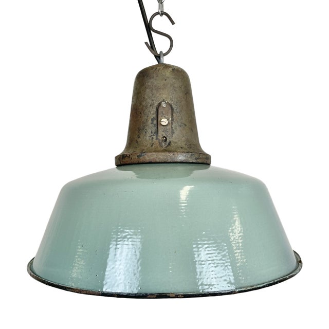 Industrial Petrol Enamel Factory Lamp with Cast Iron Top, 1960s For Sale