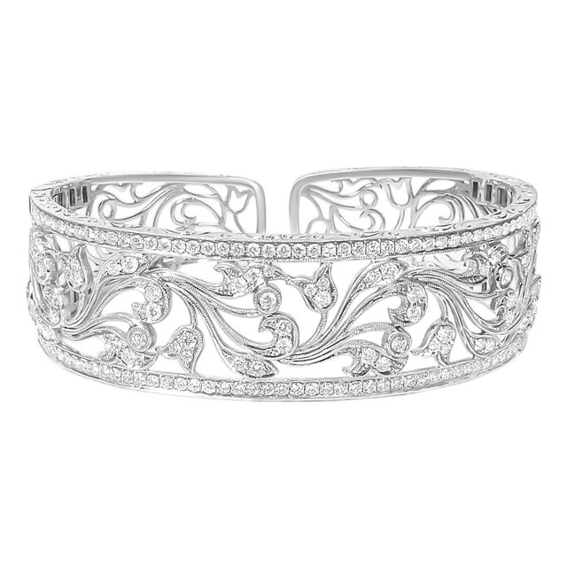 18K White Gold 3 1/4 Cttw Pave Diamond Openwork Floral Filigree Swirl Bangle Cuff Bracelet (H-I Color, VS2-SI1 Clarity) For Sale