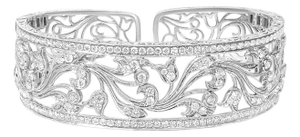 18K White Gold 3 1/4 Cttw Pave Diamond Openwork Floral Filigree Swirl Bangle Cuff Bracelet (H-I Color, VS2-SI1 Clarity)