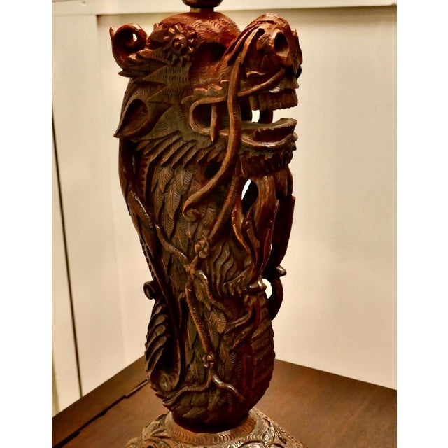 Brown Oriental Folk Art Carved Teak Dragon Lamp, 1930s For Sale - Image 8 of 12