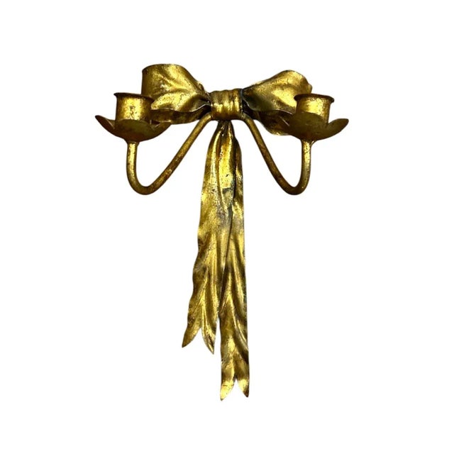 Hollywood Regency Vintage Italian Gilt Tole Gold Bow Wall Sconces / Candle Holders, a Pair For Sale - Image 3 of 6