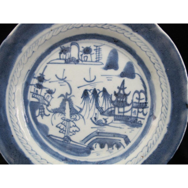 Antique Chinese Canton blue & white porcelain plate. Showing Canton village scene hand painted under glaze and measuring...