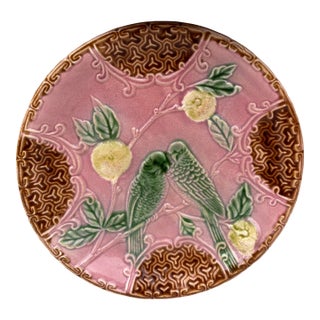 French Pink Majolica Parakeets Plate Salins, Circa 1890 For Sale