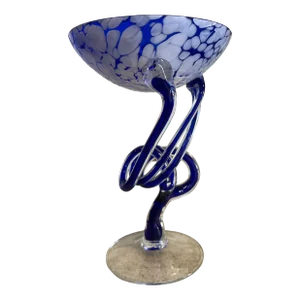 Blue & White Jellyfish Pedestal Glass Art Bowl