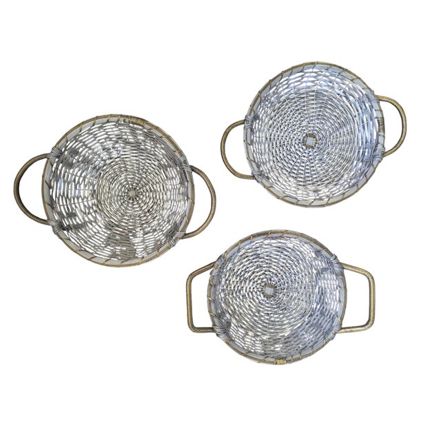 Vintage Woven Silver and Brass French Provincial Style Market Baskets- Set of 3 For Sale - Image 13 of 16