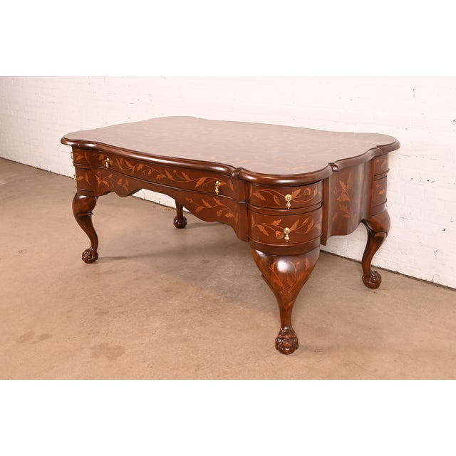 Antique Dutch Louis XV Mahogany Inlaid Marquetry Executive Desk, Circa Late 19th Century For Sale In South Bend - Image 6 of 14