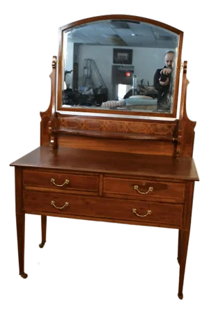 1900s Antique Maple & Co English Hepplewhite Mahogany Ladies Vanity and Mirror