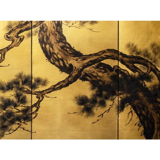 Goldenrod "Pine Tree" by Yukika, Late Showa Era Japanese Painted Byobu Screen For Sale - Image 8 of 18