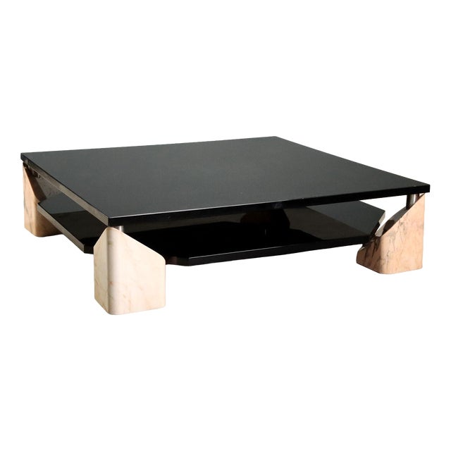 Vintage Coffee Table in Pink Marble and Lacquered Wood, 1970s For Sale