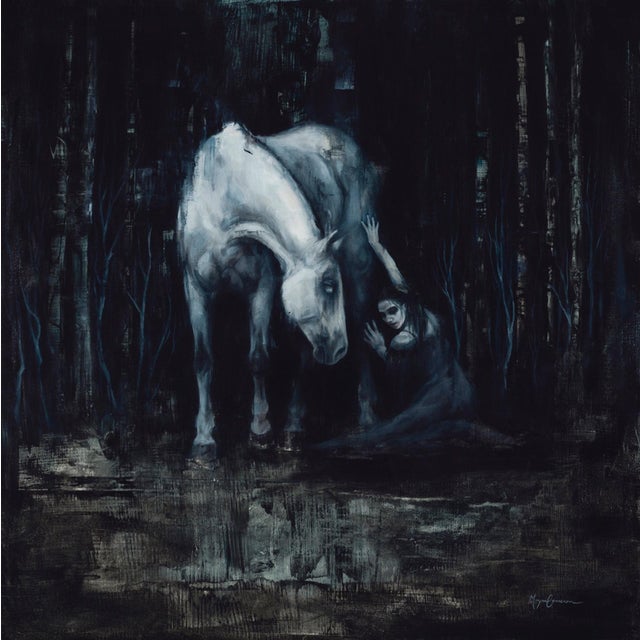 In "Dark Hollow," a solitary figure embraces a white horse against a backdrop of dark, shadowy trees, evoking a sense of...
