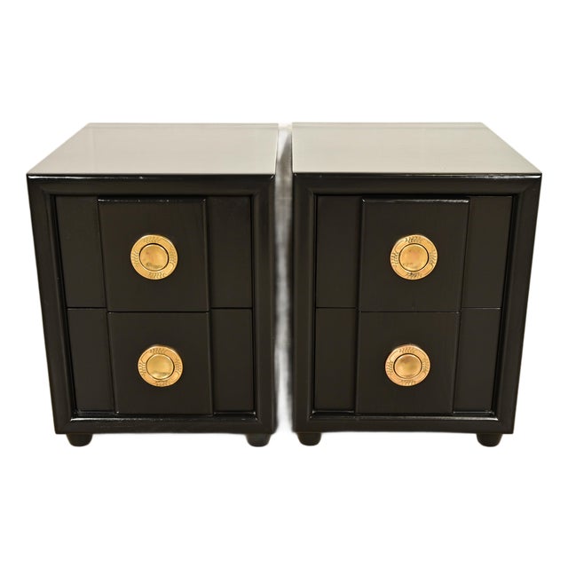 Karpen of California Mid-Century Modern Hollywood Regency Black Lacquered Nightstands | Circa 1950s For Sale