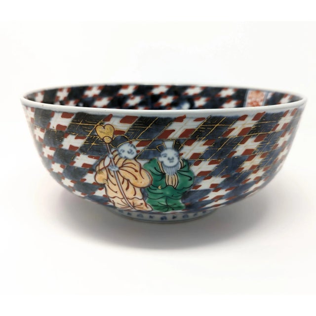 Antique Japanese or Chinese Large Hand Painted Imari Porcelain Bowl Blue White Red For Sale In Greenville, SC - Image 6 of 10