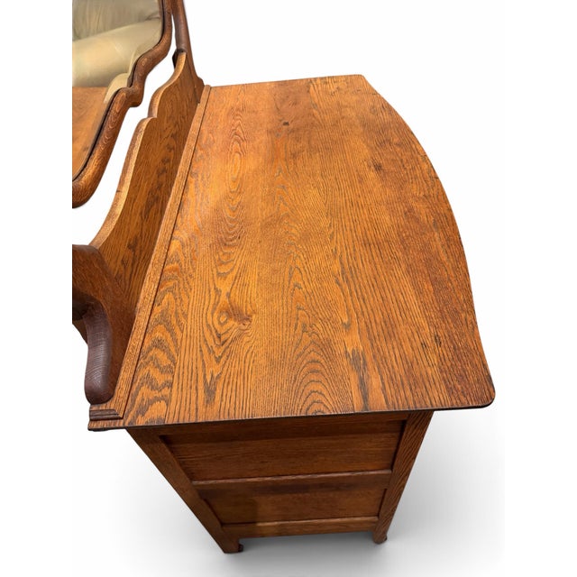 Antique American Quarter-Sawn Oak Serpentine Dresser With Wishbone Mirror For Sale - Image 11 of 11