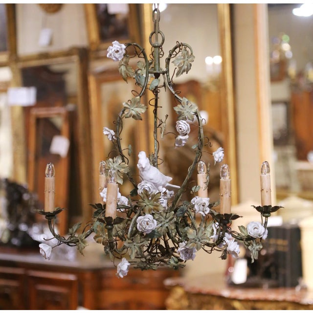 Early 20th Century French Floral Six-Light Metal Chandelier With Porcelain Bird For Sale In Dallas - Image 6 of 8