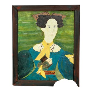 Vintage Framed Primitive Samuel Addison Shute Style Woman With Two Canaries. Painting For Sale