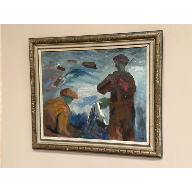 Original Mid Century Swedish Oil on Panel – “Figures” by Ivar Hjertqvist – Framed 80 × 69 cm (31.5" × 27.2") A striking...