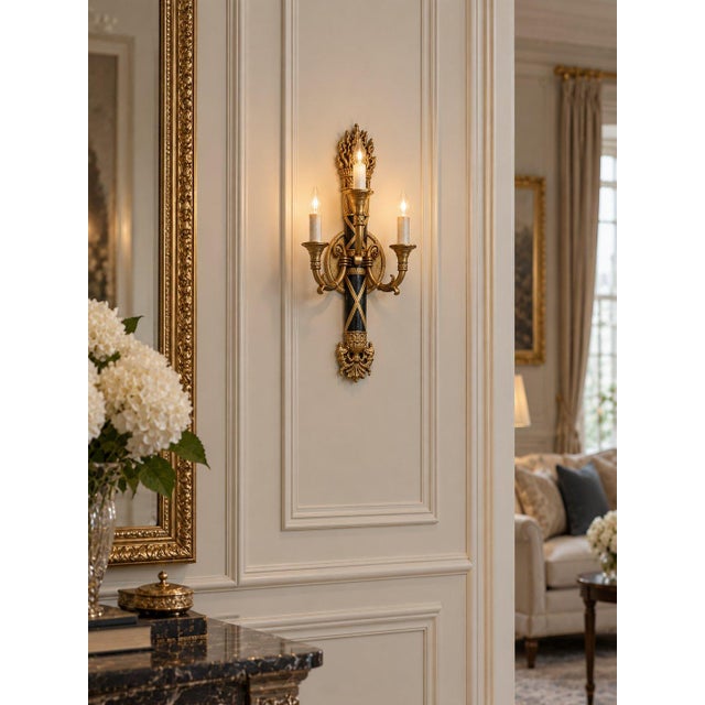 Antique French Empire Brass Torch Design 3 Arm Wall Sconce For Sale In Pittsburgh - Image 6 of 6