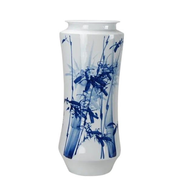 Chinoiserie Blue and White Porcelain Bamboo Vase For Sale