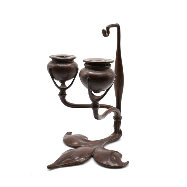 Metal 1910s Pair of Tiffany Studios Art Nouveau Bronze Candlesticks For Sale - Image 7 of 10