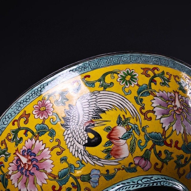 Mid 20th Century Vintage Chinese Gilt Bronze Cloisonne Bowl - Yellow Ground Crane & Peony - Qianlong Mark For Sale - Image 5 of 8