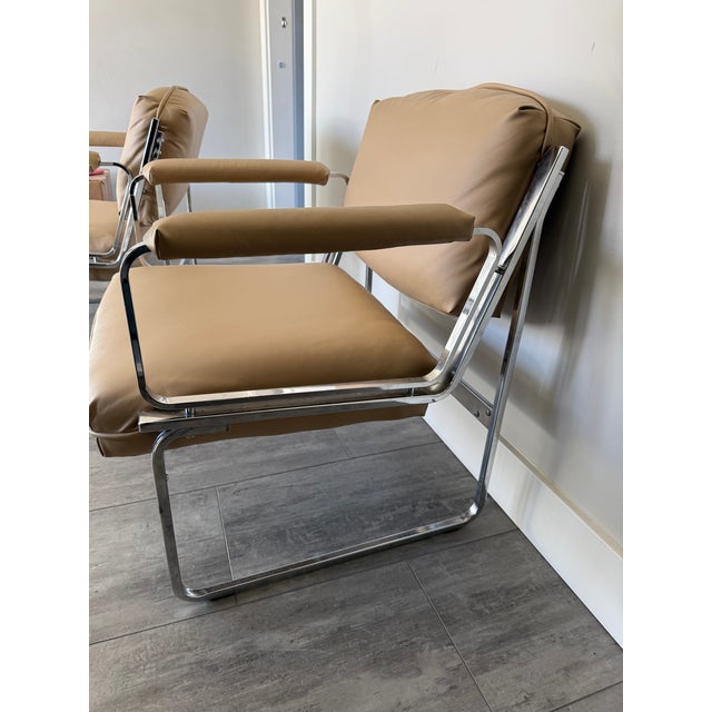Postmodern Vintage Milo Baughman Style Chrome and Leather Club Chairs - Set of 2 For Sale - Image 3 of 8