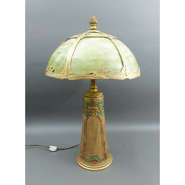Early 20th Century Bradley & Hubbard Antique Hand Painted Gold Gilt Slag Glass Table Lamp For Sale - Image 11 of 11