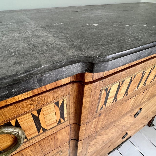 Antique Continental Transition Style Parquetry and Marble Commode For Sale - Image 3 of 11