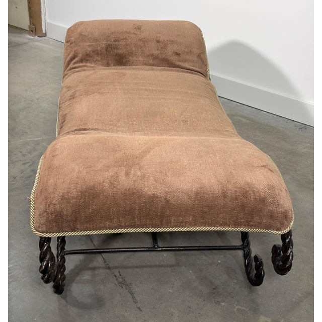 Vintage French Twisted Rope Wrought Iron Bench With Taupe Cushion For Sale - Image 9 of 12