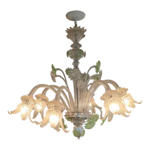 1960s Venetian Italian Green Murano Glass Flower and Leaves Chandelier