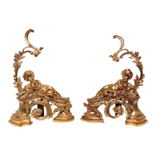 Figural Louis XV Style Cherub Motif Ormolu Bronze Andirons - A Pair For Sale