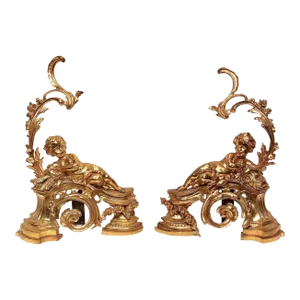 Figural Louis XV Style Cherub Motif Ormolu Bronze Andirons - A Pair