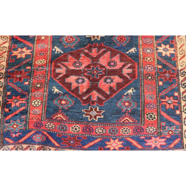 Antique Kurdish Gallery Rug With Indigo Field and Bold Tribal Medallions For Sale - Image 9 of 12